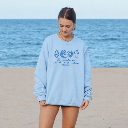 He Leads Me Beside Still Waters Embroidered Sweatshirt