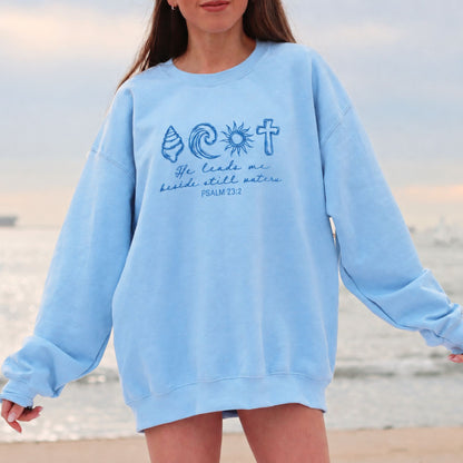 He Leads Me Beside Still Waters Embroidered Sweatshirt