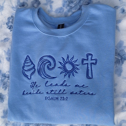 He Leads Me Beside Still Waters Embroidered Sweatshirt