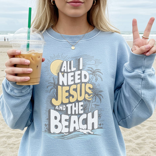 All I Need Jesus and the Beach Sweatshirt (Gildan 18000)