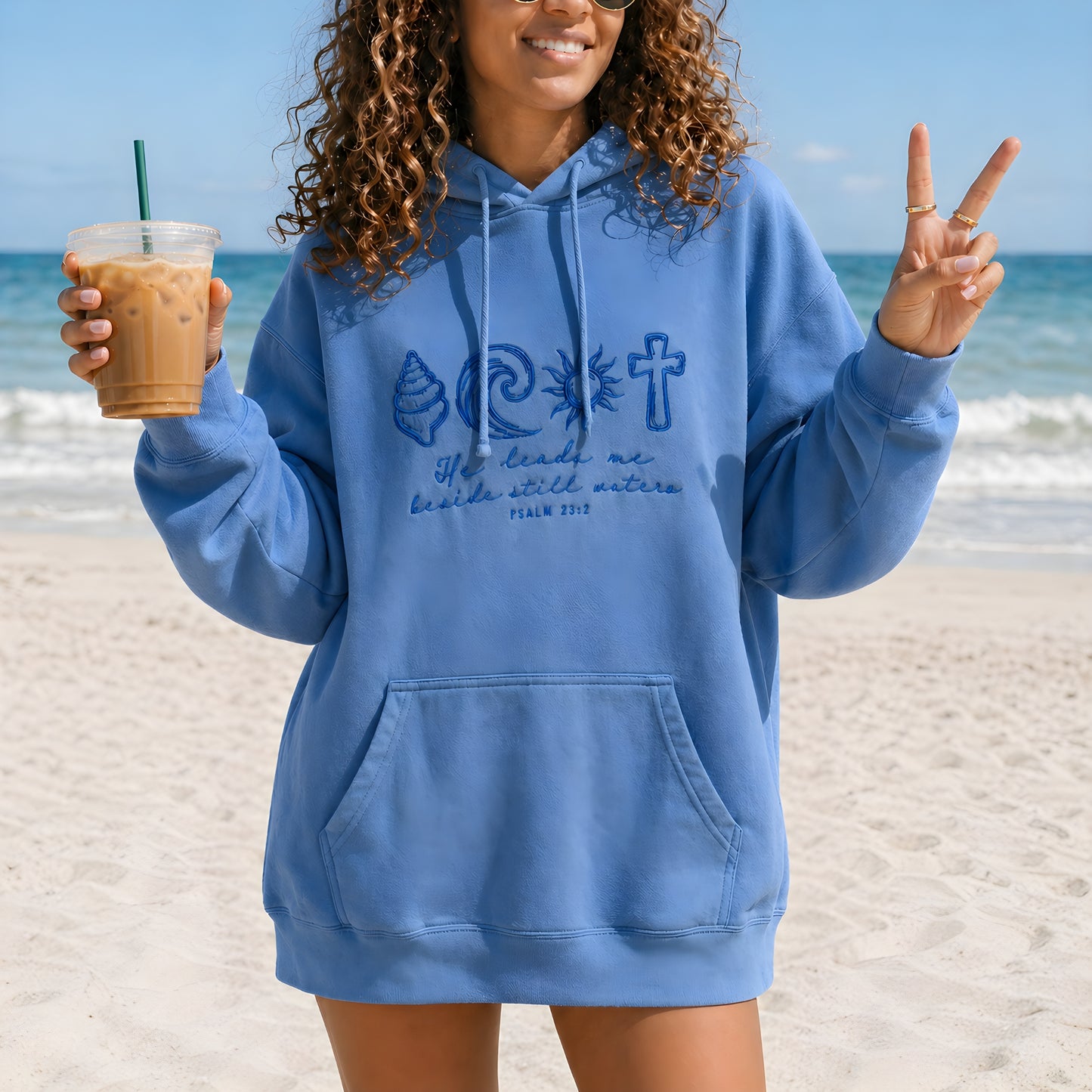 He Leads Me Beside Still Waters Light Blue Embroidered Hoodie