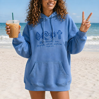 He Leads Me Beside Still Waters Light Blue Embroidered Hoodie