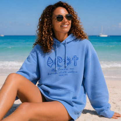 He Leads Me Beside Still Waters Light Blue Embroidered Hoodie