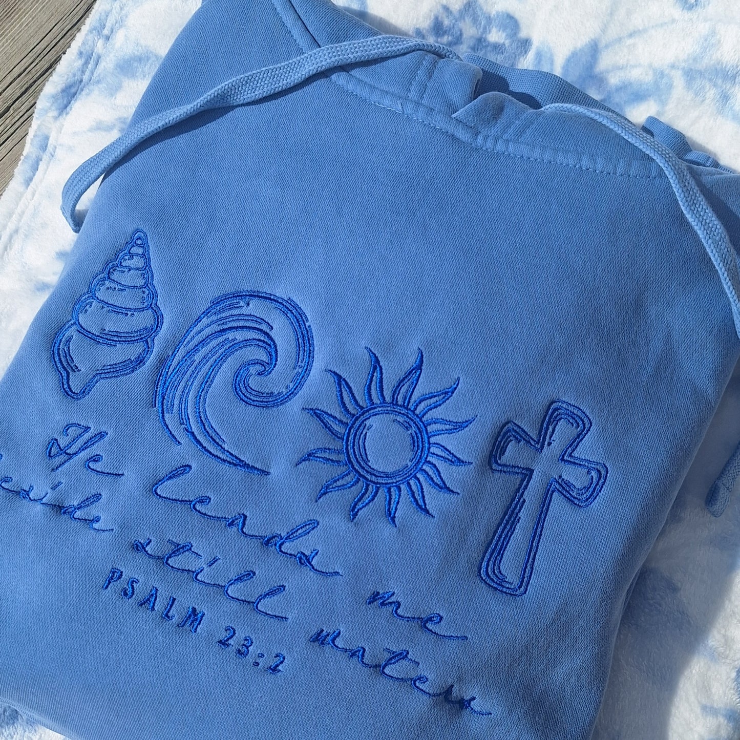 He Leads Me Beside Still Waters Light Blue Embroidered Hoodie