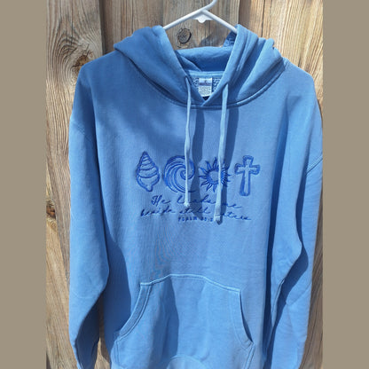 He Leads Me Beside Still Waters Light Blue Embroidered Hoodie